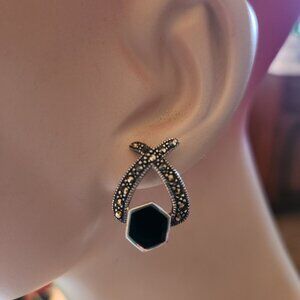 Vintage Sterling Silver & Black Onyx Marcasite Drop Earrings